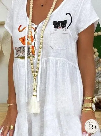 Casual Cartoon Cat Print Short Dress