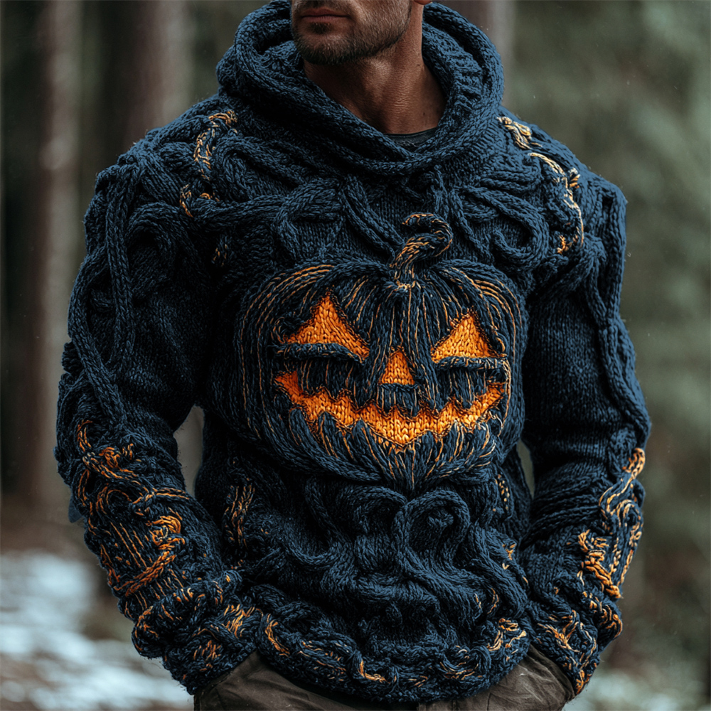 Halloween Pumpkin Emoji Men's Chunky Knit Hooded Sweater  artssus