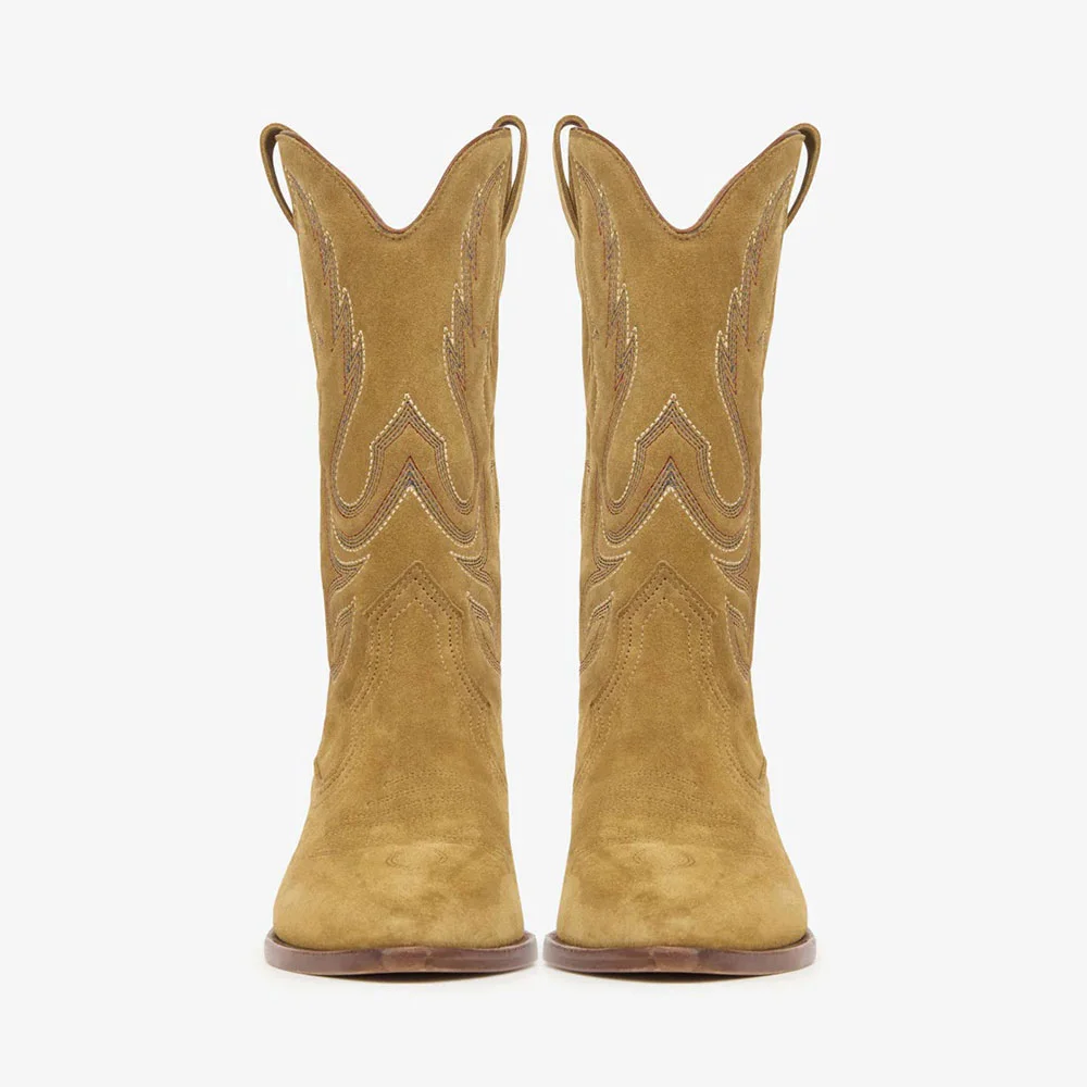 Tan Pointed Toe Chunky Heel Cowgirl Boots with Embroidered