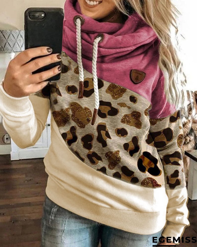 Lantern Sleeve Colorblock Leopard Print Hooded Top | EGEMISS
