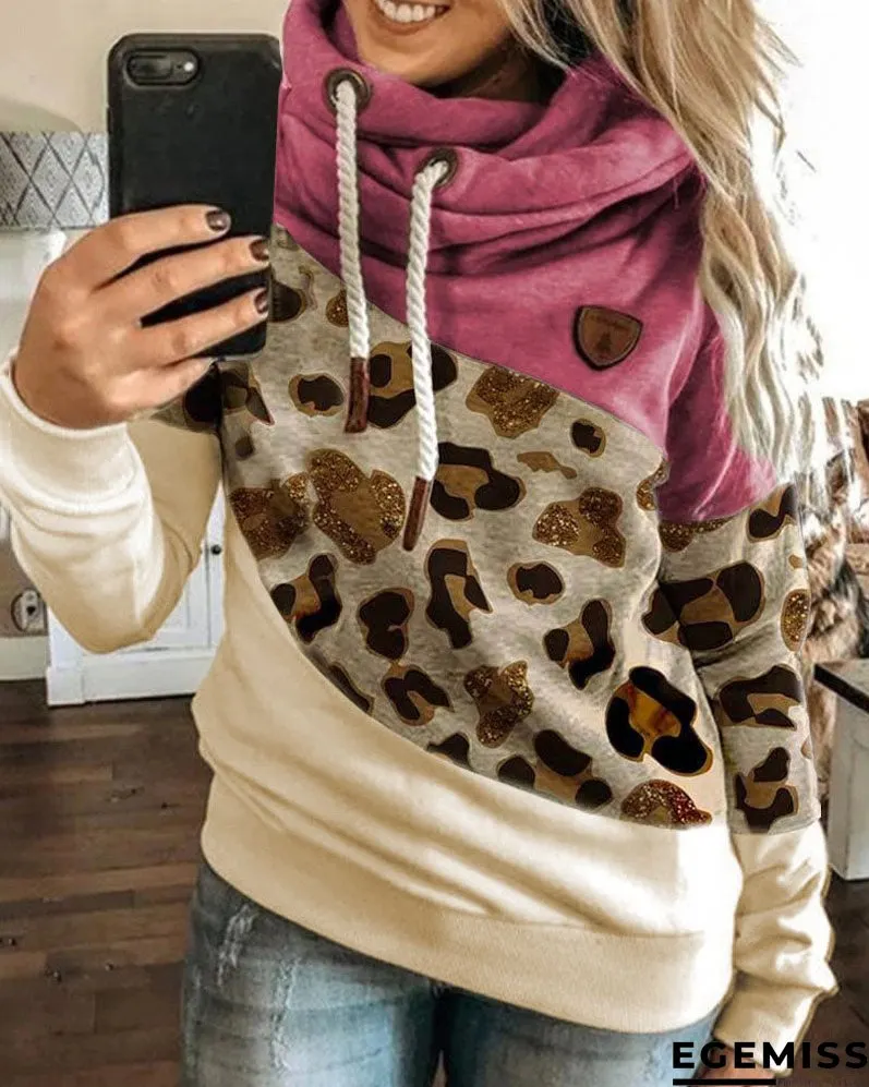 Lantern Sleeve Colorblock Leopard Print Hooded Top | EGEMISS