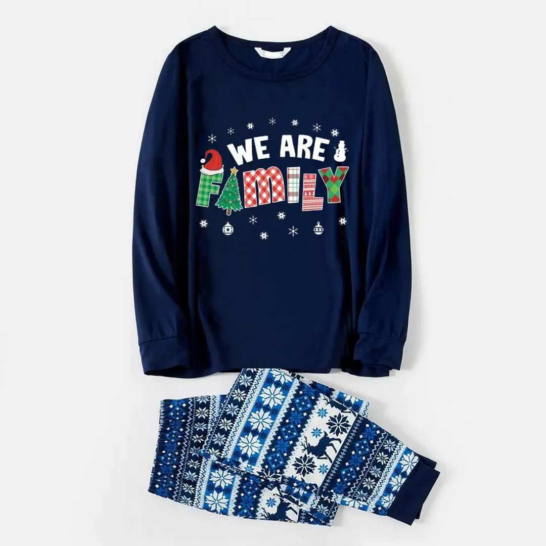 Cute We are Family Print Blue Family Christmas Matching Pajamas