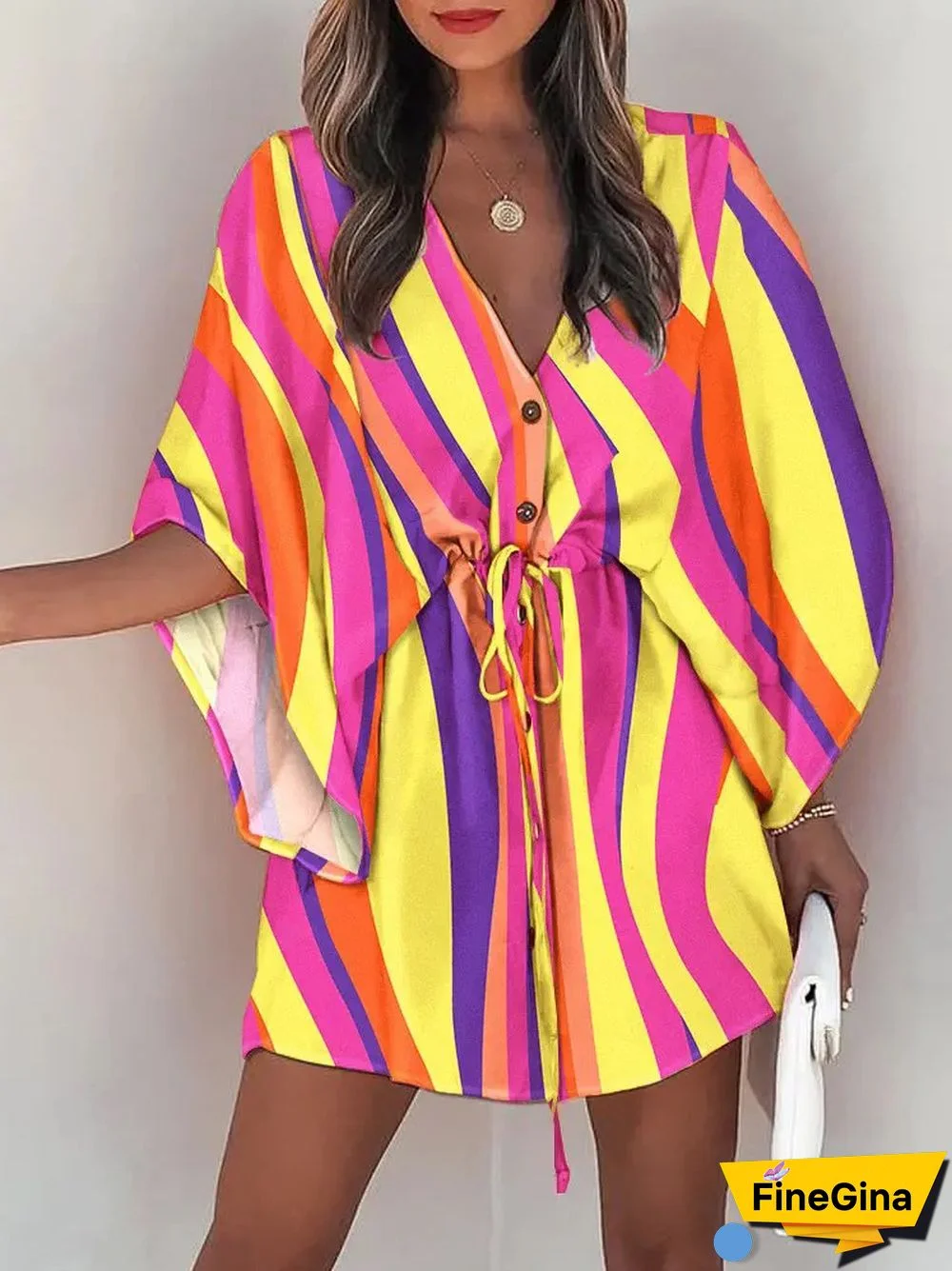 Summer Women's Fashion Holiday Dress Casual Print Flying Sleeve V-Neck Drawstring Mini Loose Dresses For Women Streetwear