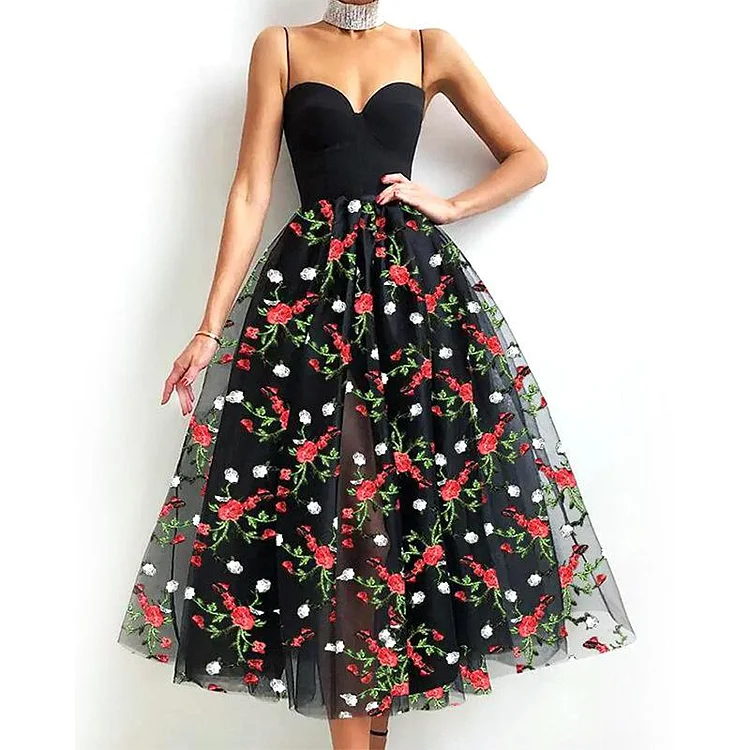Promsstyle Spaghetti straps floral embroidery mesh midi sling dress Prom Dress 2023