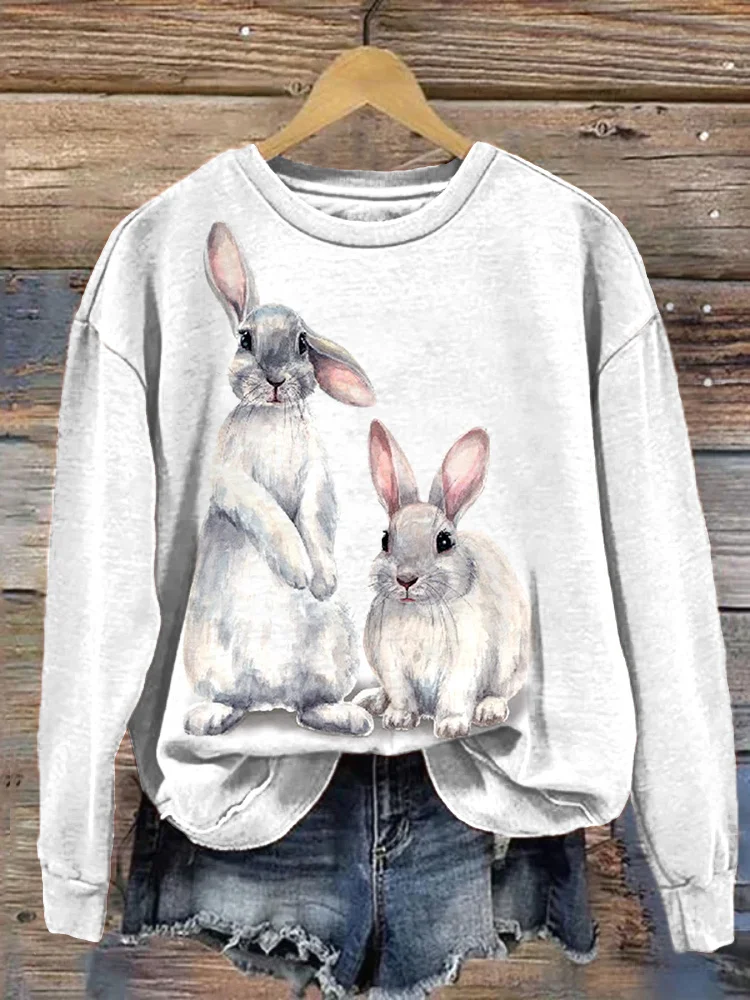 Watercolor Rabbit Print Casual Cozy Sweatshirt
