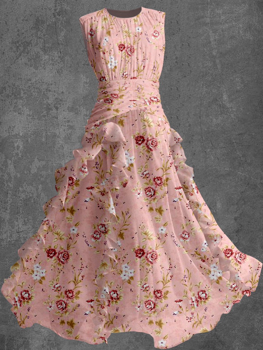 Floral Art Print Vintage Elegant Chic Sleeveless Maxi Dress