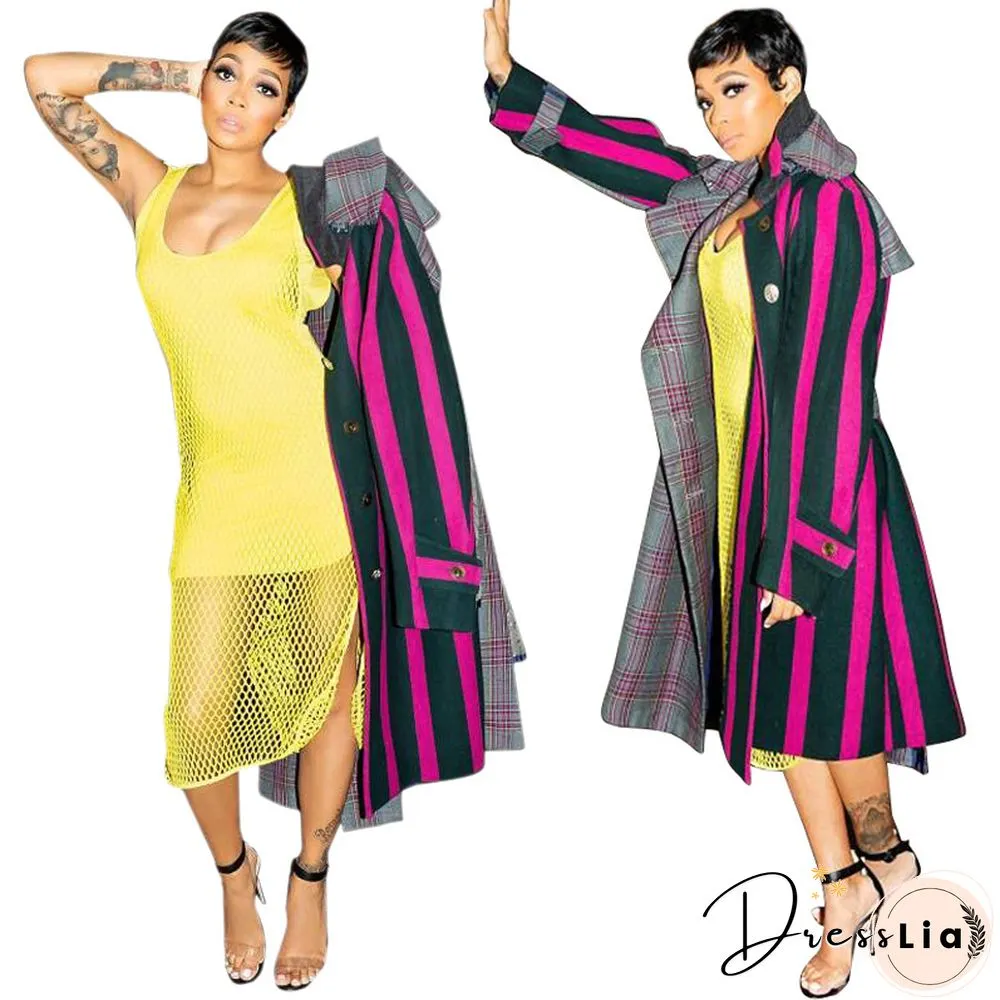 Casual Women Stripe Loose Long Woollen Coat