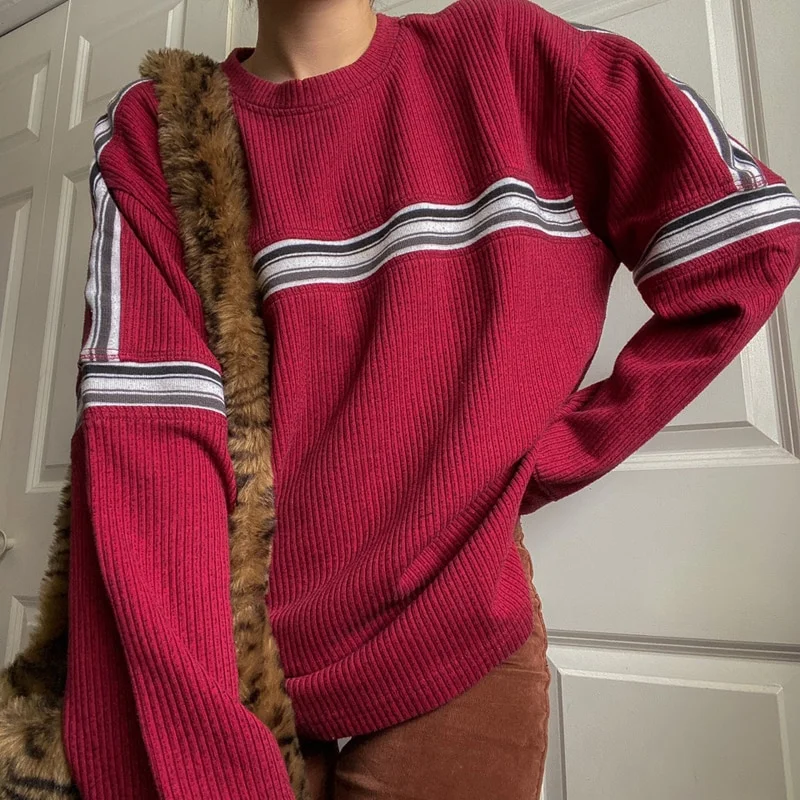 Colourp Knitted Jumpers O Neck Long Sleeve Pullovers Preppy Style Vintage Striped Sweater Women Harajuku Korean Streetwear