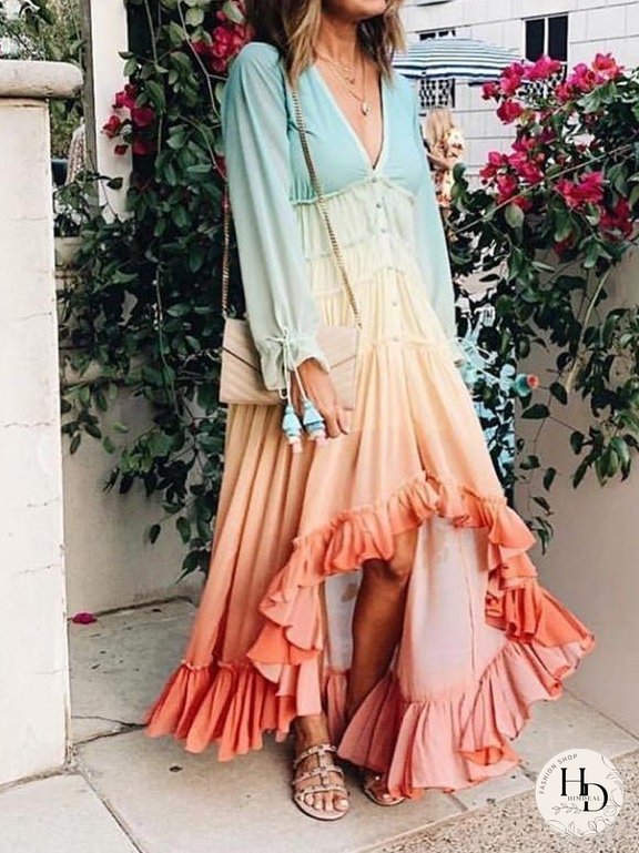 Dresses Deep V Neck Gradient Long Sleeve Irregular Dress for Women