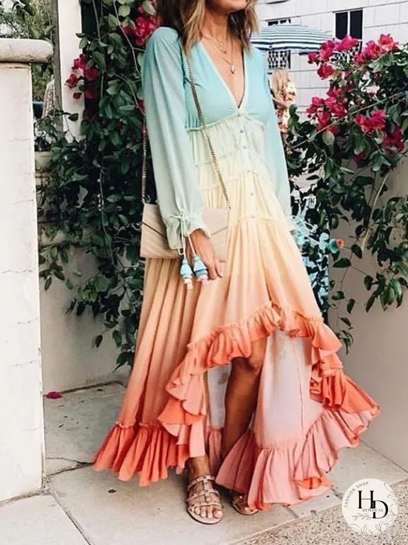 Dresses Deep V Neck Gradient Long Sleeve Irregular Dress for Women