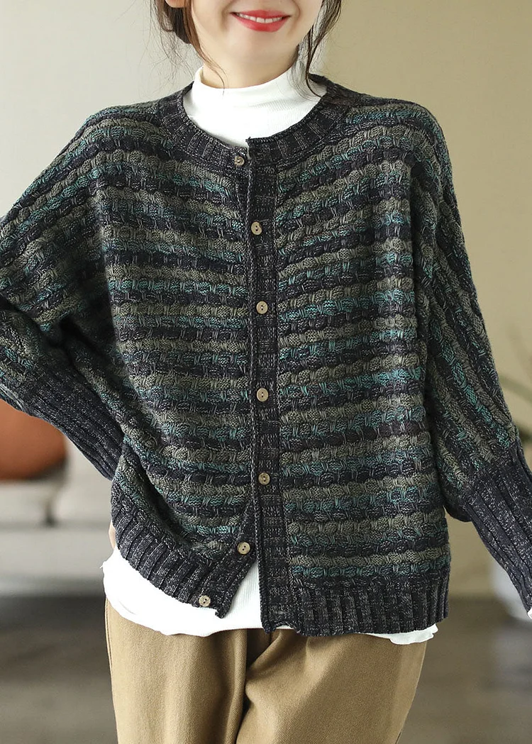 Fine Green O-Neck Print Button Cotton Knit Sweaters Coats Long Sleeve