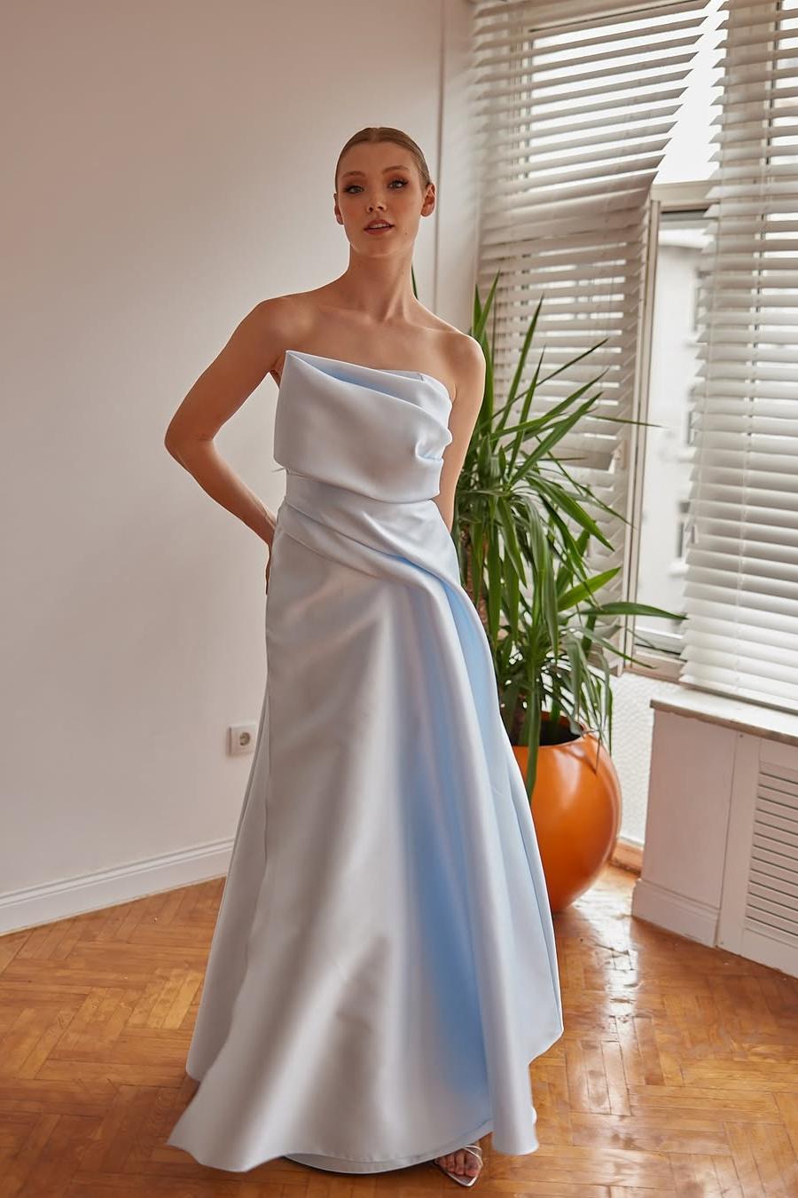 Simple Light Blue Satin Sleeveless Strapless Long Prom Dress with Pleated | MS0344 