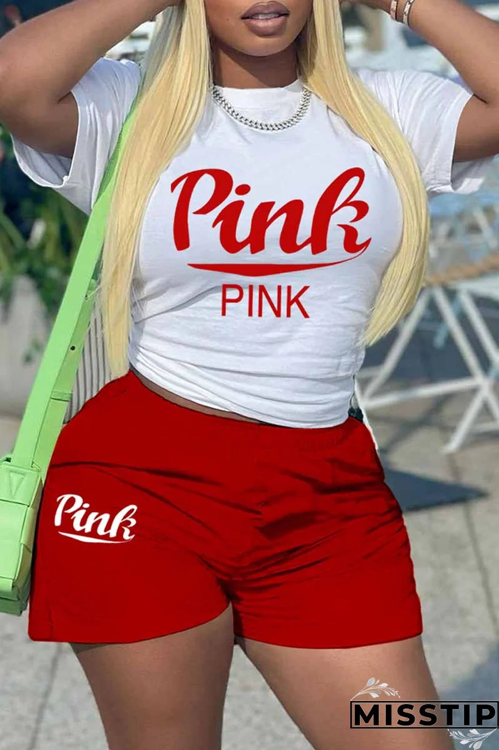 White Red Casual Print Letter O Neck Short Sleeve Two Pieces