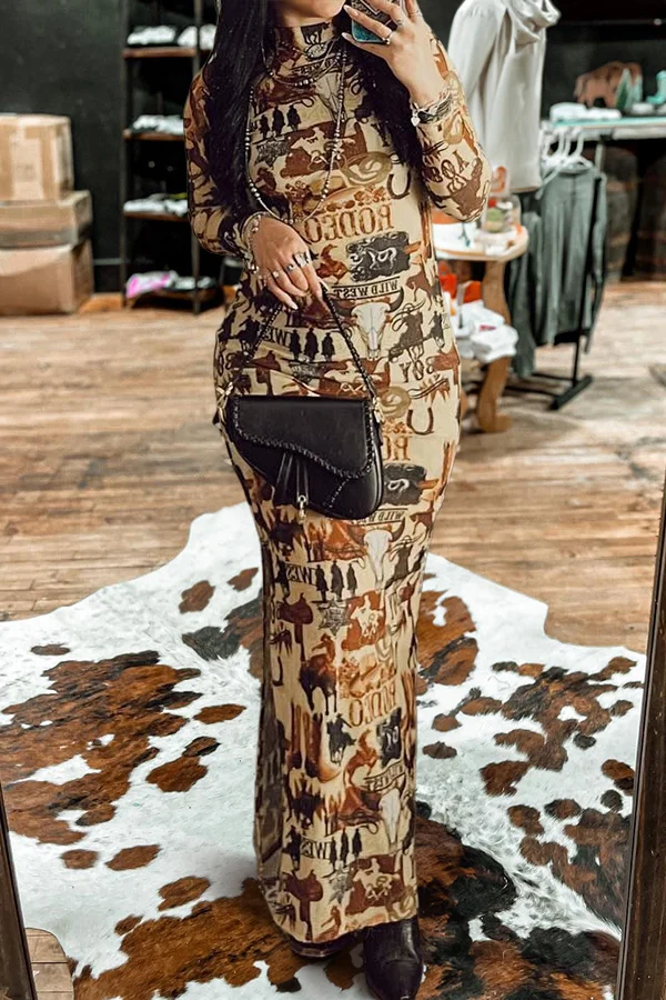 Retro Western Rodeo Print Slit Dress