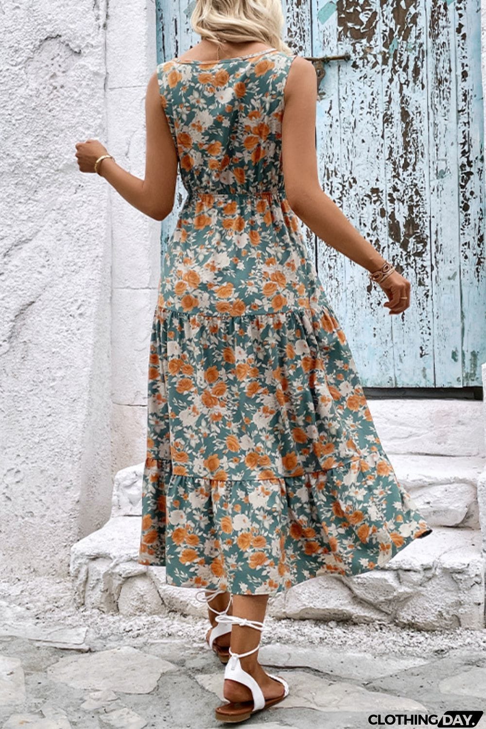 Floral V-Neck Tiered Sleeveless Dress