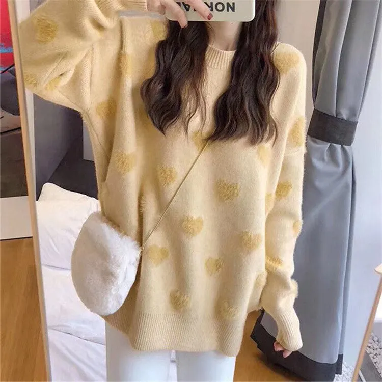 Knitted Sweater Women Printed Pullovers Ladies Heart Print Warm Outfits O Neck Sweat Style Jumper Korean Streetwear Sueter Mujer