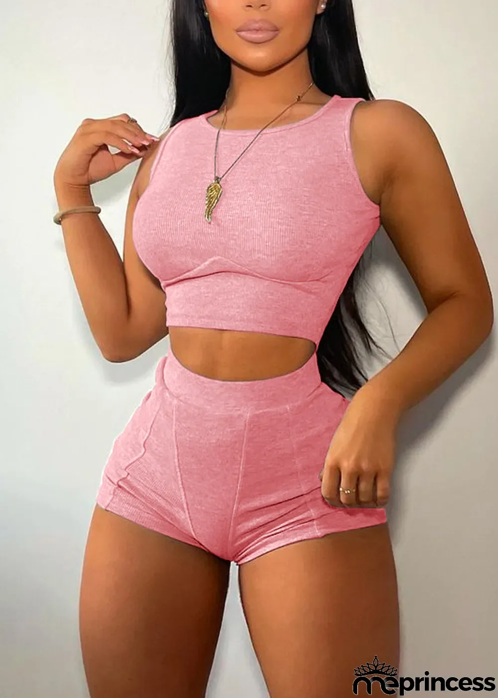 Summer Sports Solid Tank Crop Top and High Waist Shorts Matching 2PC Set