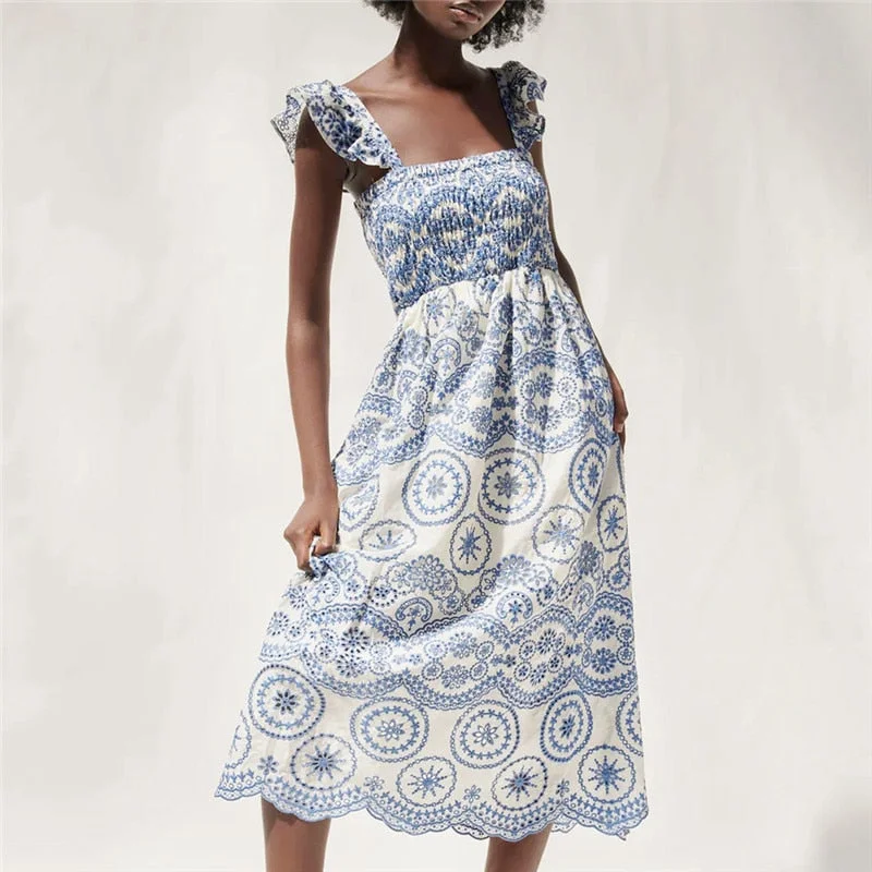 Billlnai Women Dress Ruffle Square Neck Elastic Band Smocked Corset Summer Dresses Long Boho Maix Dress