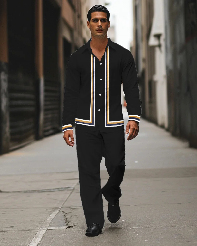 Men's Color Block Printed Long Sleeve Shirt Walking Suit 590