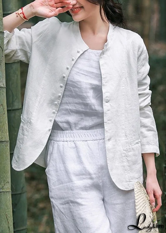 Elegant White O-Neck Button Coats Long Sleeve