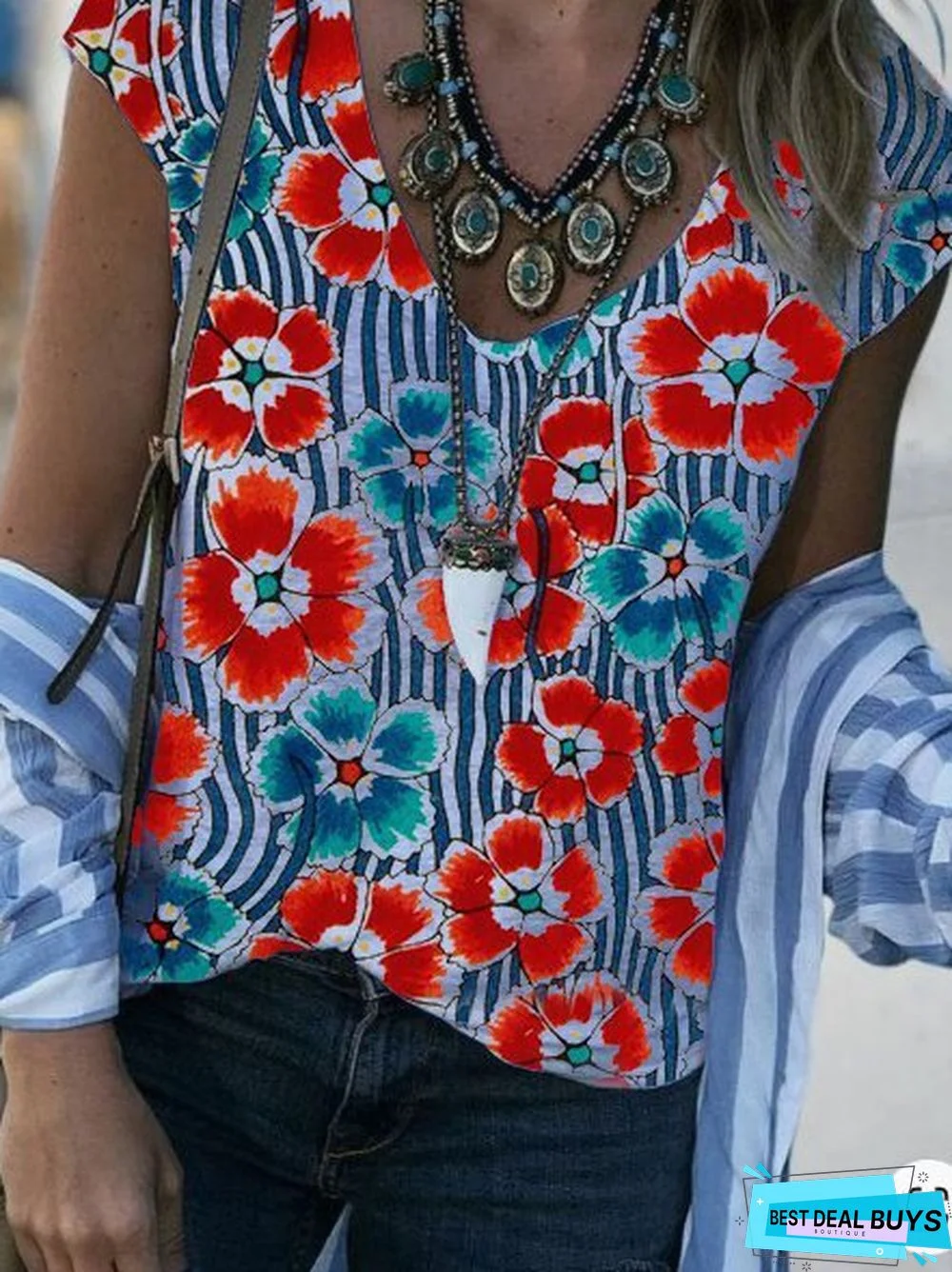 Floral Sleeveless V Neck T-shirt