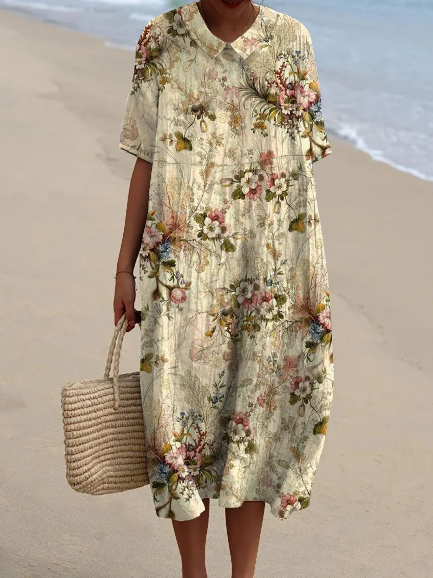 Women's Vintage Floral Art Print Pocket Linen Dress（Convertible Dress With Front And Back Option）