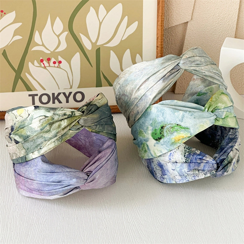 Monet Oil Painting Satin Headband Niche Retro Cross High Skull Top Wide Version Gradient Color Blooming Headband Hairpin For Hair Washing