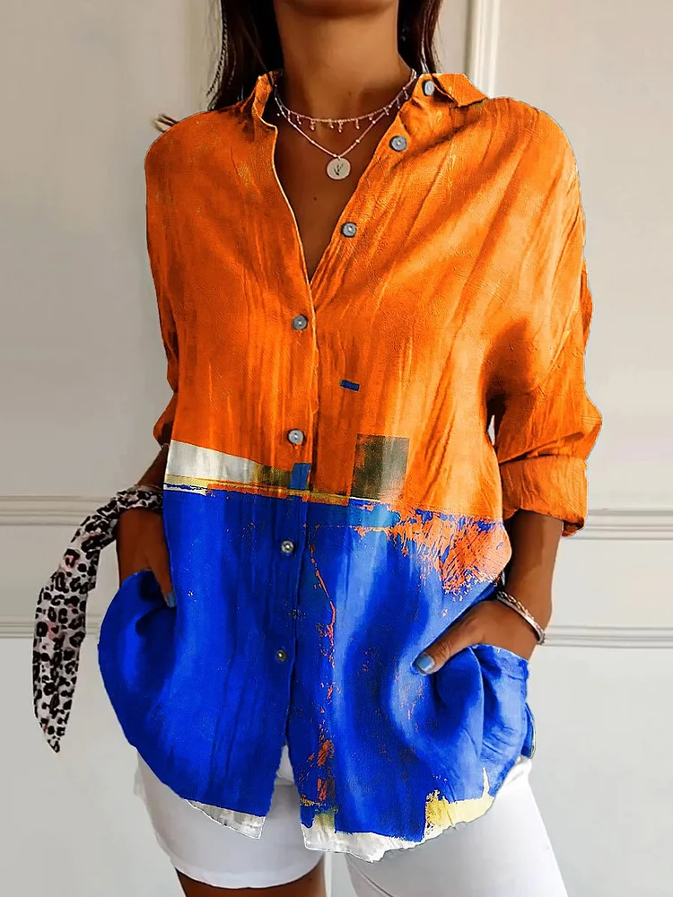 Women's Vintage Bold Abstract Art Print Casual Cotton Shirt