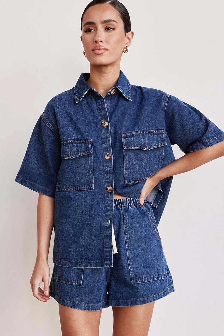 Oversize Pocket Denim Half Sleeve Blouse Casual Shorts 2pcs Set-Navy