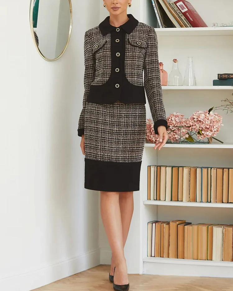 Elegant colorblock check jacket and skirt two-piece set