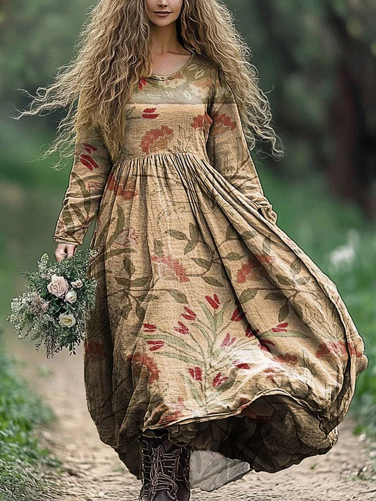 Women's Floral Patchwork Art Print Pocket Cotton Dress