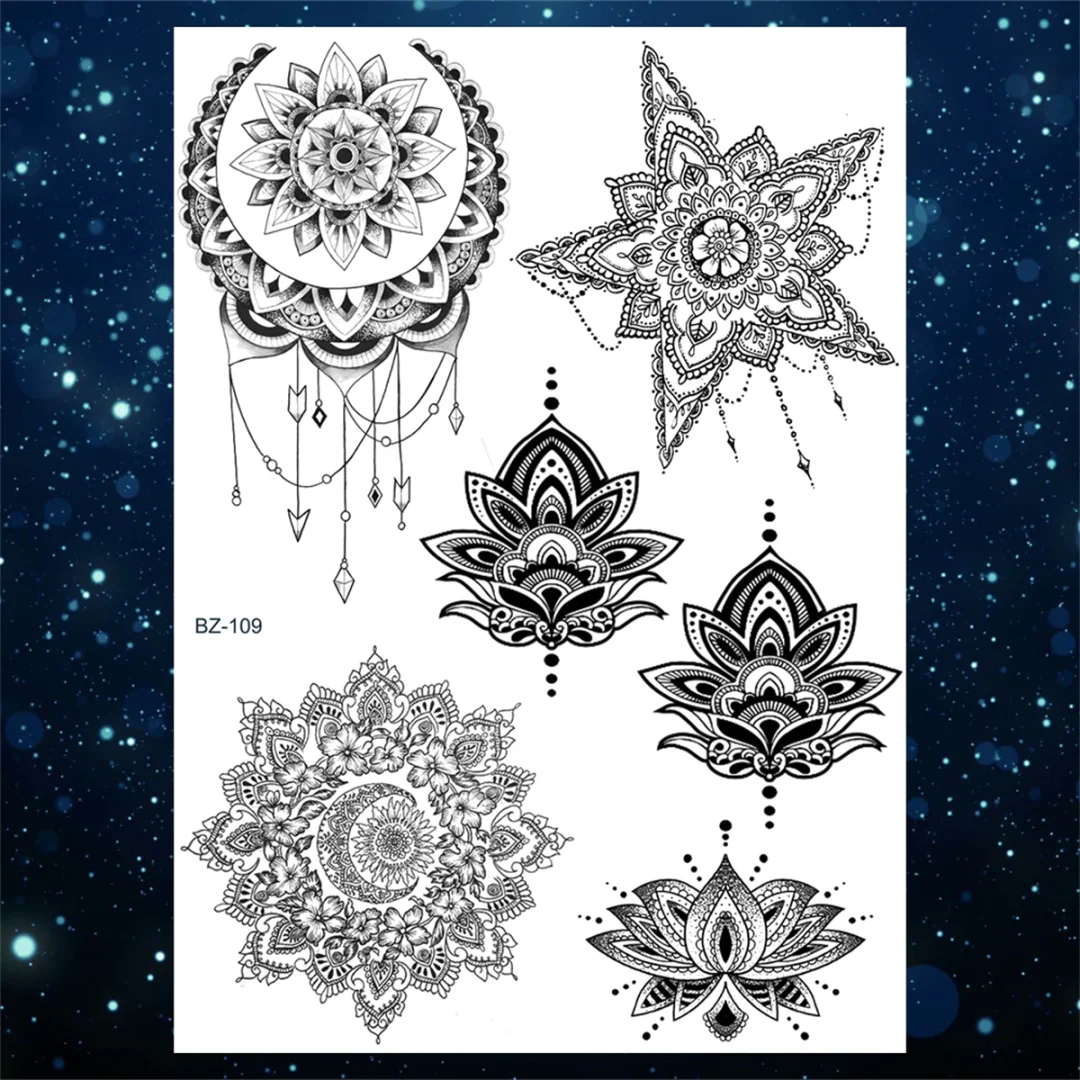 Sdrawing Henna Temporary Tattoos For Women Girls Feather Butterfly DreamCatcher Fake Gem Tattoo Sticker Chest Arm Tatoos Tribal