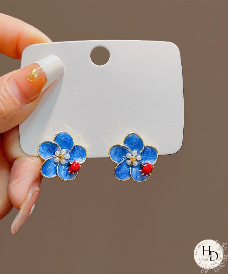 Simple Blue Alloy Pearl Oil Drip Floral Seven Starred Ladybird Stud Earrings