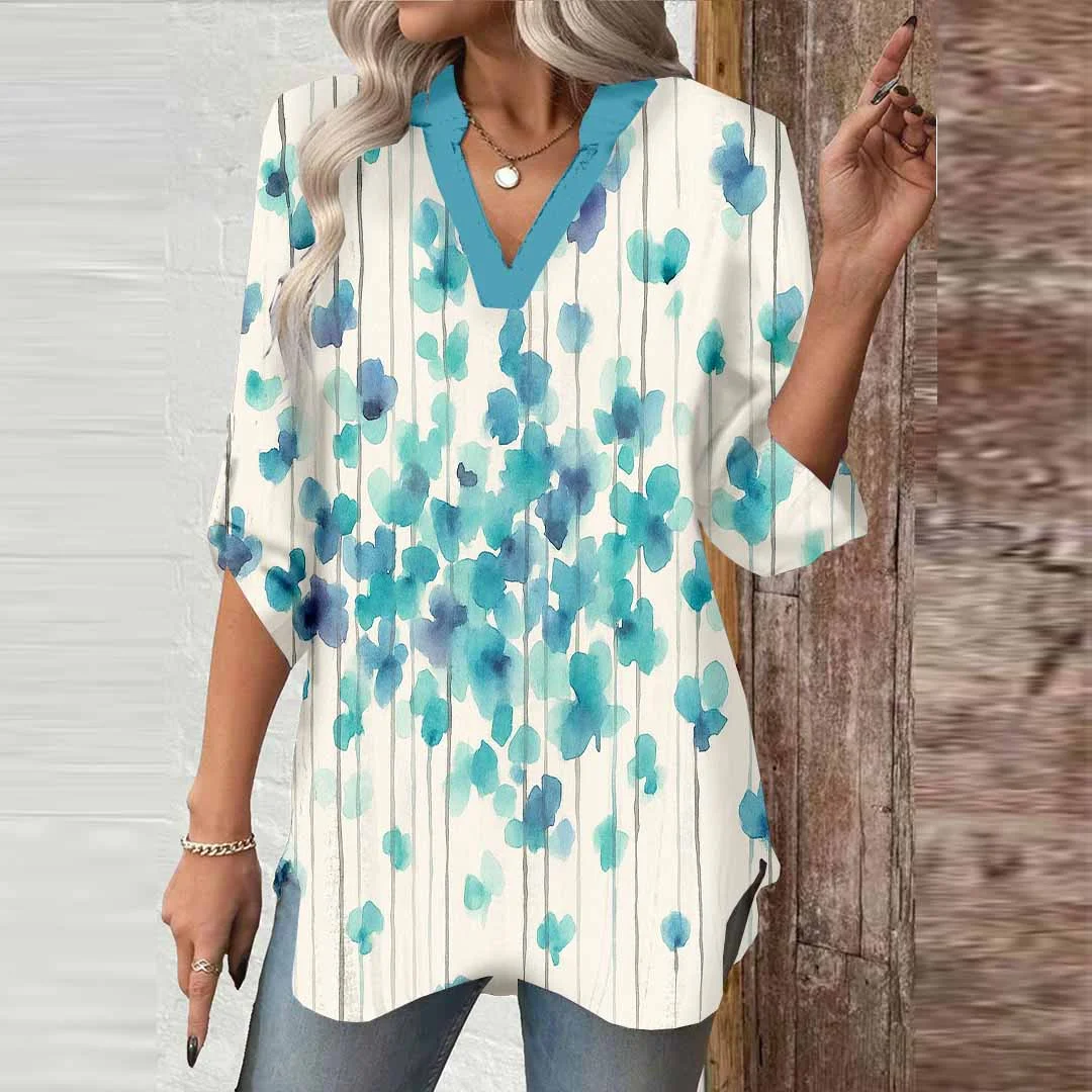 Women Blue,  Painting DZGA0430 3/4 Sleeve V-neck Printed Graphic Button Tops
