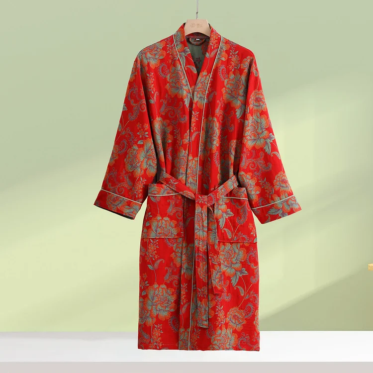 Luxurious floral Kimono Cotton Gauze Bathrobe Radinnoo.com