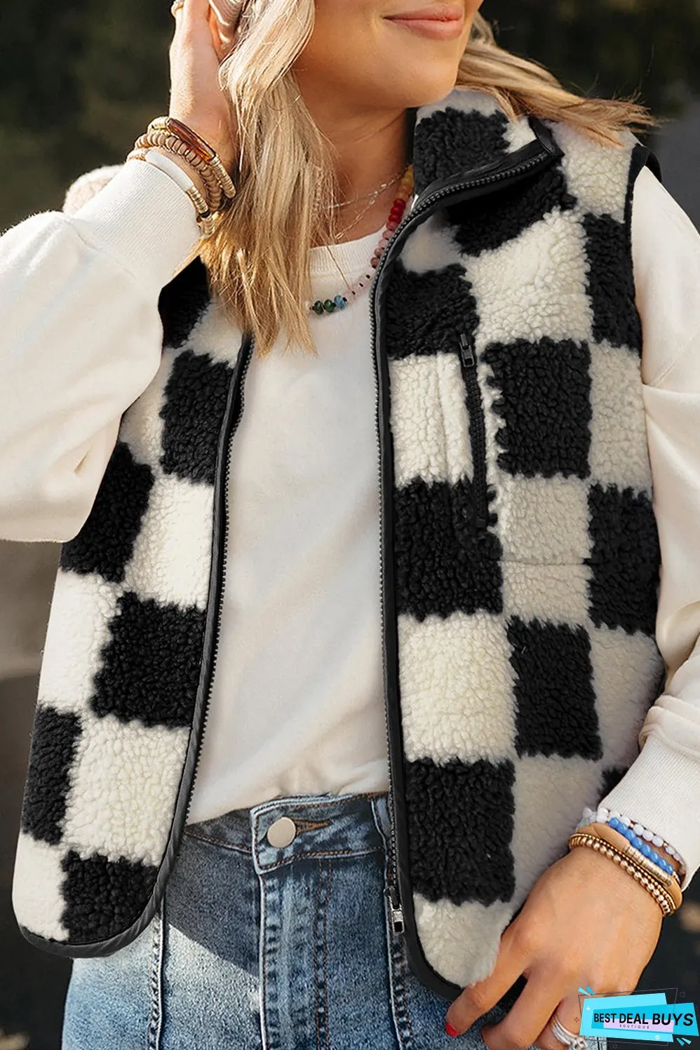 Black Checkered Sherpa Collared Jacket Vest