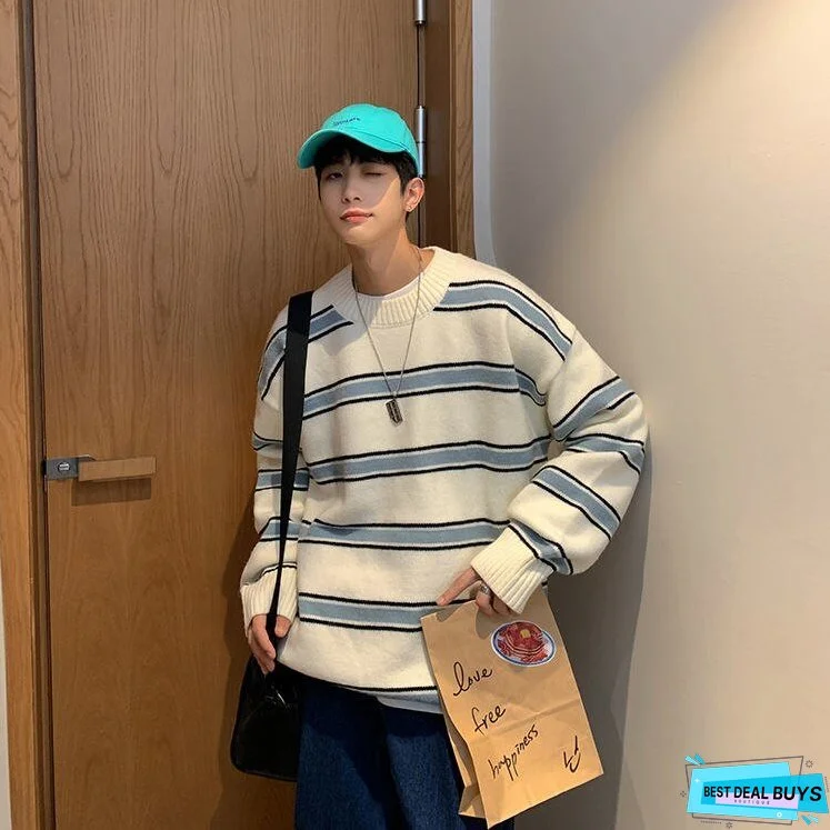 Striped Sweater Men Round Neck Winter Pullover Sweater Korean Fashion Harajuku Loose Wild Long Sleeve Sweater Oversize