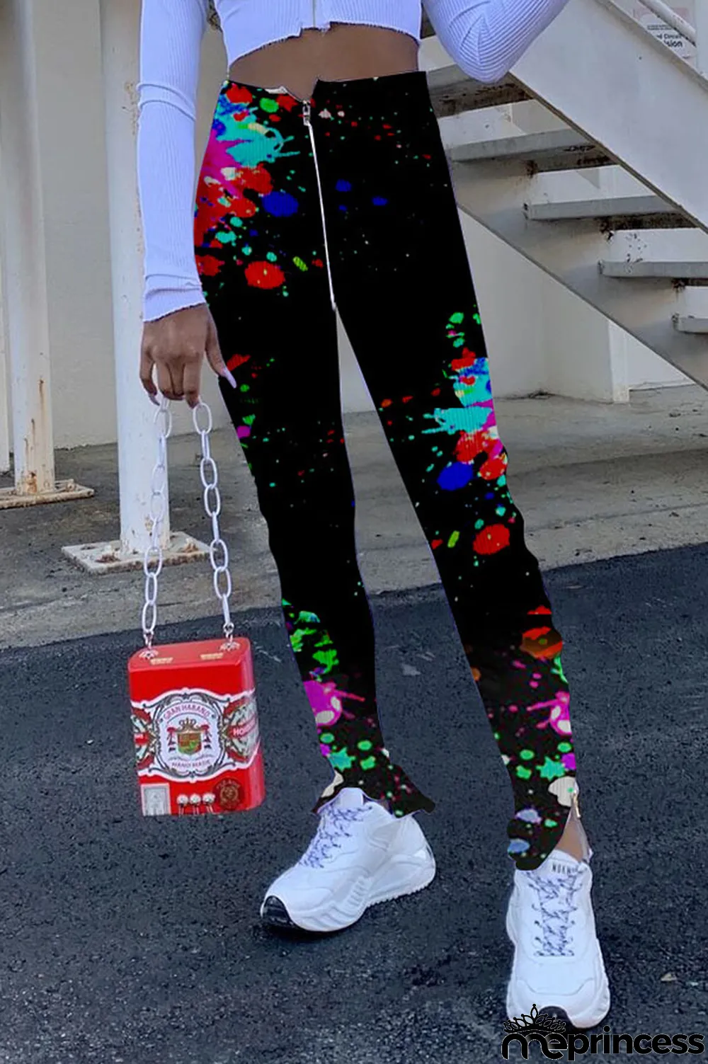 Red Polyester Zipper Fly High Print pencil Pants Bottoms