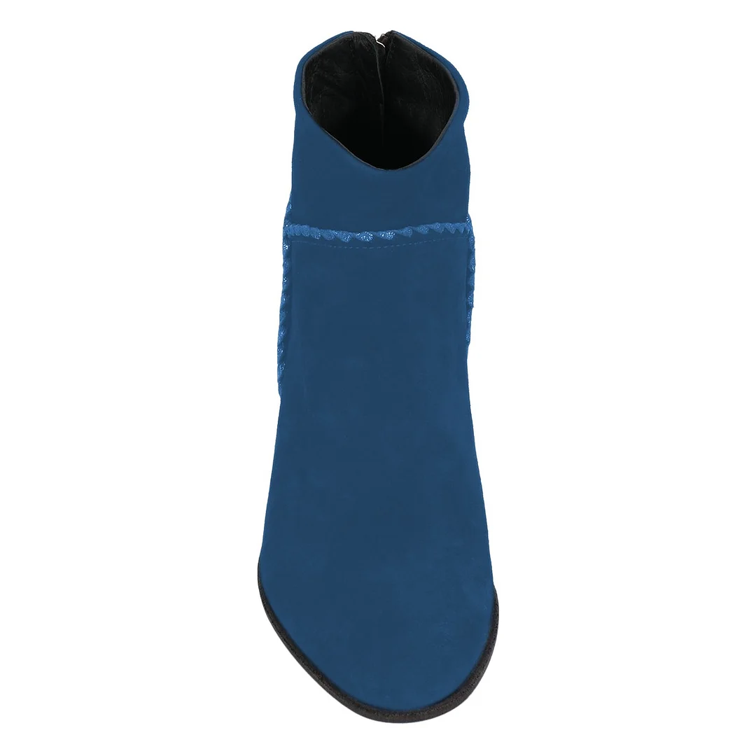 Blue Vegan Suede Round Toe Zipper Booties for Women with Stitching
