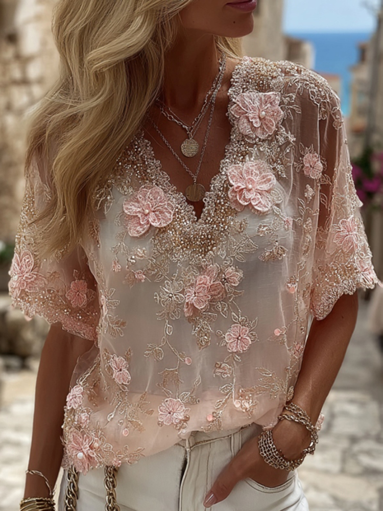 Women's Pink Floral Embroidered Art V-neck Linen Blend T-shirt Women's Pink Floral Embroidered Art V-neck Linen Blend T-shirt - Image 1