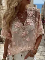 Women's Pink Floral Embroidered Art V-neck Linen Blend T-shirt