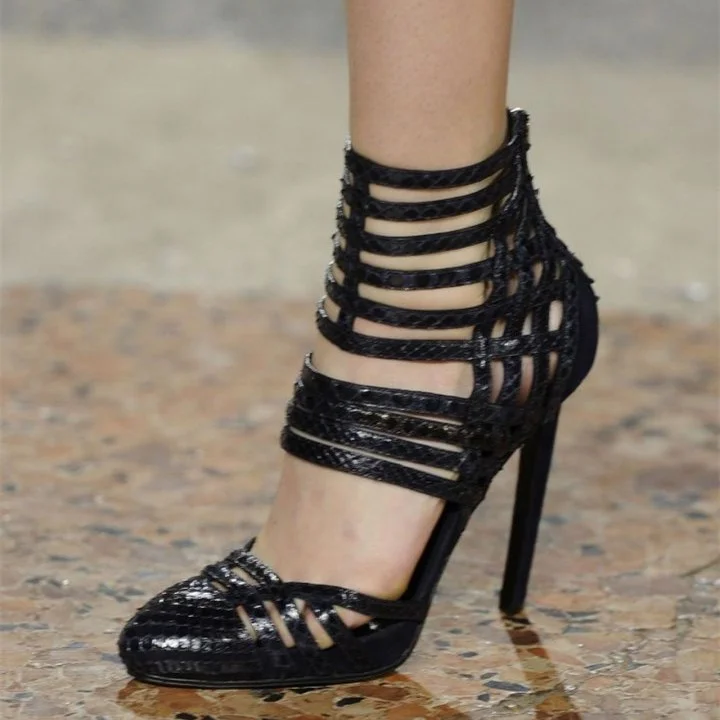 Black Python Round Toe Stiletto Heels Sandals Vdcoo