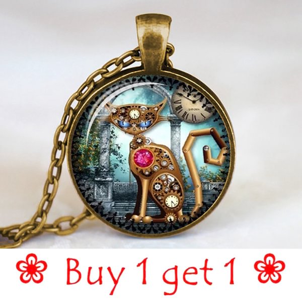 (Buy one get one) Steampunk Cat Cabochon Gem Glass Pendant Necklace Sweater Chain Jewelry - Shop Trendy Women's Fashion | TeeYours