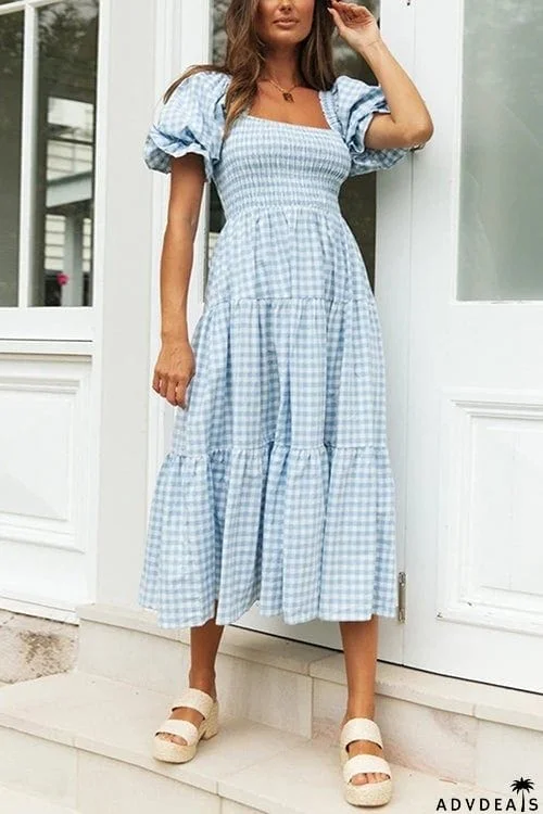 Plaid Square Neck Puff Sleeve Midi Dress