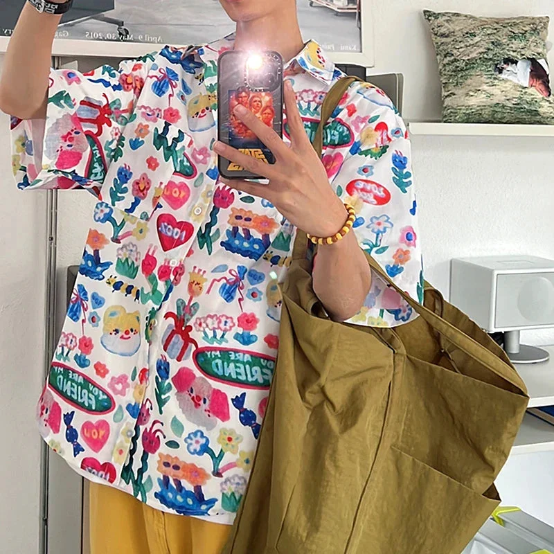 Tlbang Vintage Cartoon Flower Gifts Graffiti Shirt Hip Hop Kawaii Blouse Loose Casual Short Sleeve Summer Tops Y2K Anime Japan