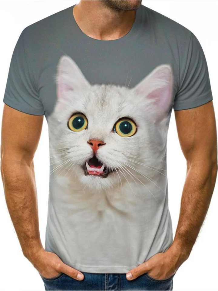 Cute Cat Print T-shirt S Gray Khaki Black Brown S-5XL