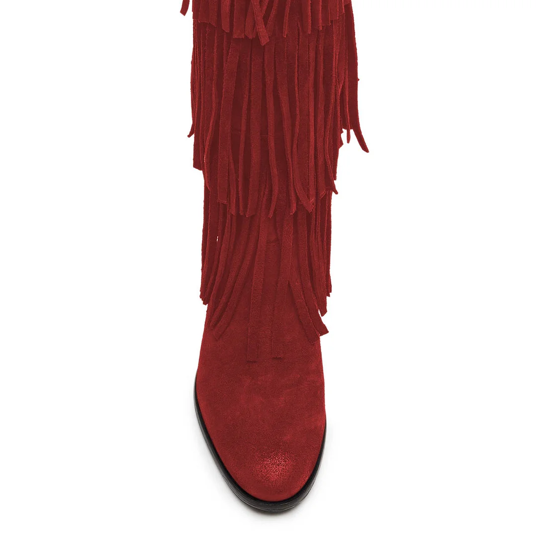 Red Vegan Suede Round Toe Fringe Flat Pull On Mid-Calf Boots