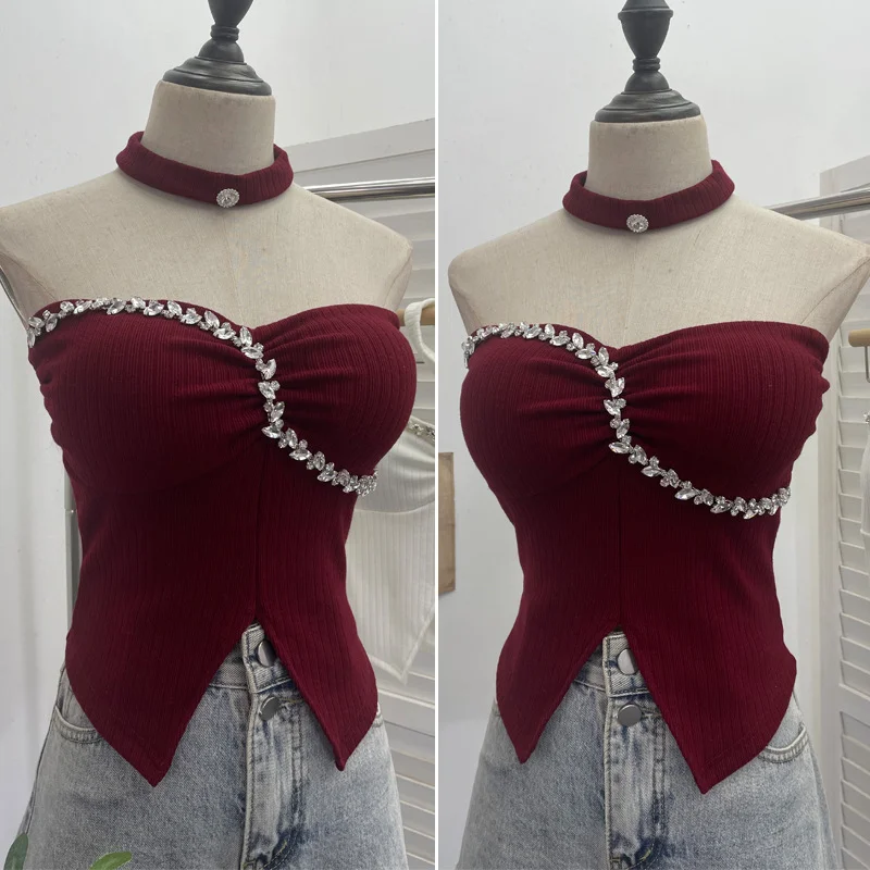 Uveng Thai-Style Hanging Neck Small Sling With Drill With Chest Pad Irregular Wearing Sleeveless Knitting Top 9211