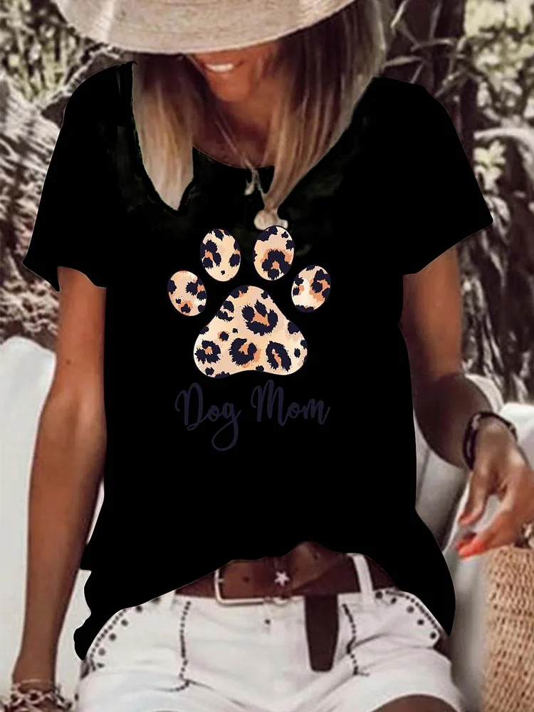 Dogs mom leopard paws Pet Animal Lover Raw Hem Tee-Annaletters