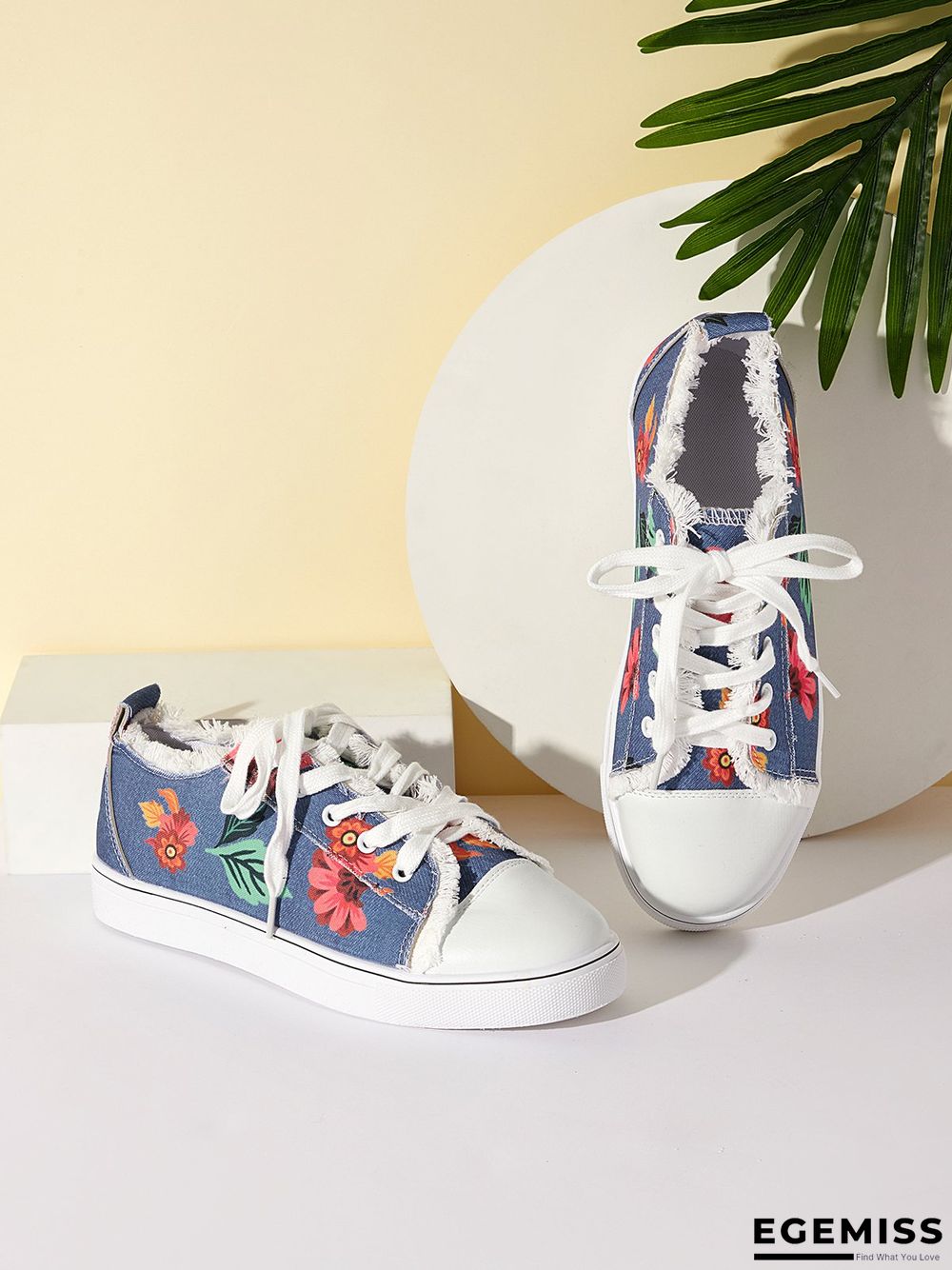 Floral Leaves Lace Up Sneakers Denim Sneakers | EGEMISS